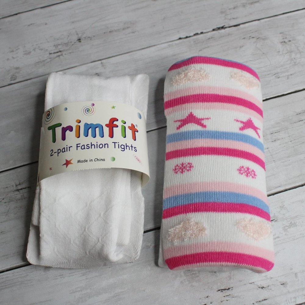 Trimfit Girl's Knit Tights Youth Size S 4-6 White Pink Blue Stars Hearts